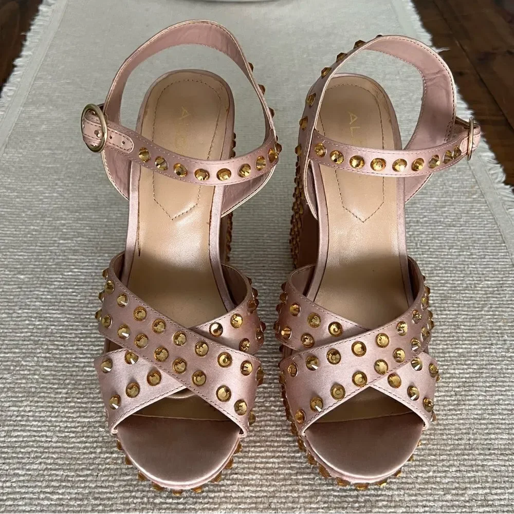 ALDO Block Heels Blush Rhinestone Platform Shoes Color Pale Pink Satin Size 7.5